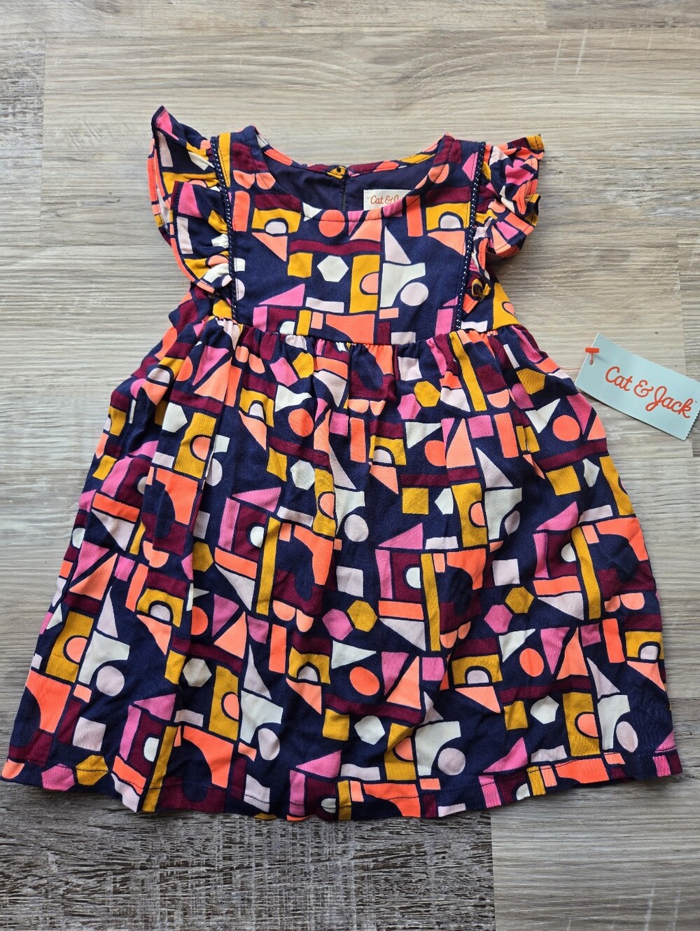 NWT Cat & Jack Navy Geometric Flutter-Sleeve Dress Size 18 Months